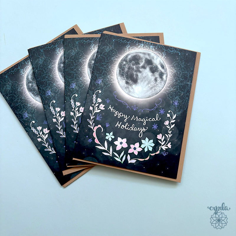 Full Moon Holiday Card set - magical holiday art full moon december 2027 celestial solstice greeting card starry winter mystical non religious