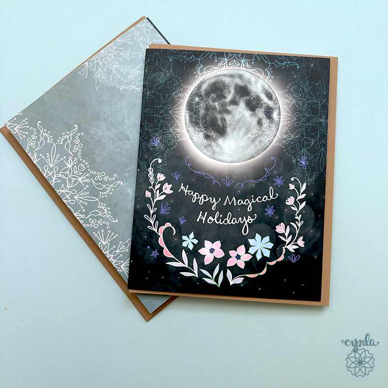 Full Moon Holiday Card set - magical holiday art full moon december 2027 celestial solstice greeting card starry winter mystical non religious