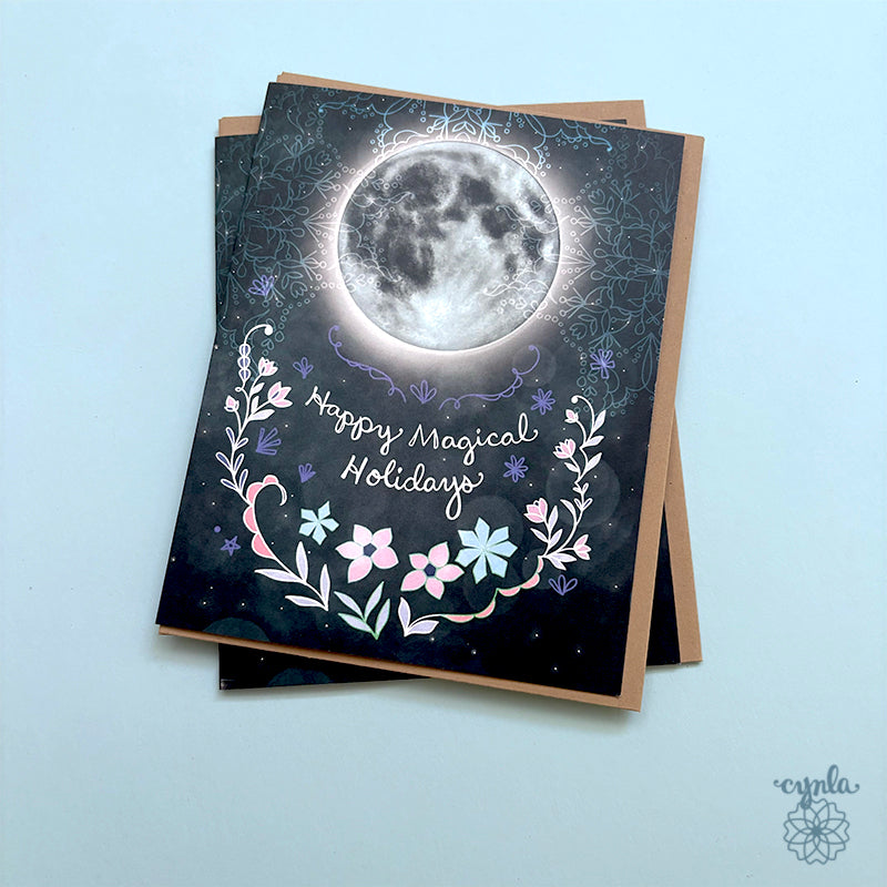 Full Moon Holiday Card set - magical holiday art full moon december 2027 celestial solstice greeting card starry winter mystical non religious