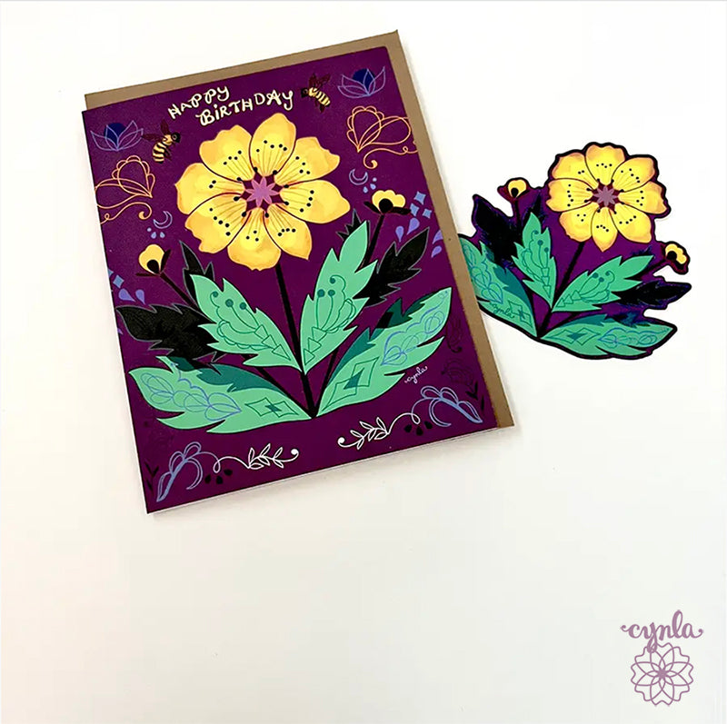 Yellow Flower Birthday Card - pretty floral purple bees