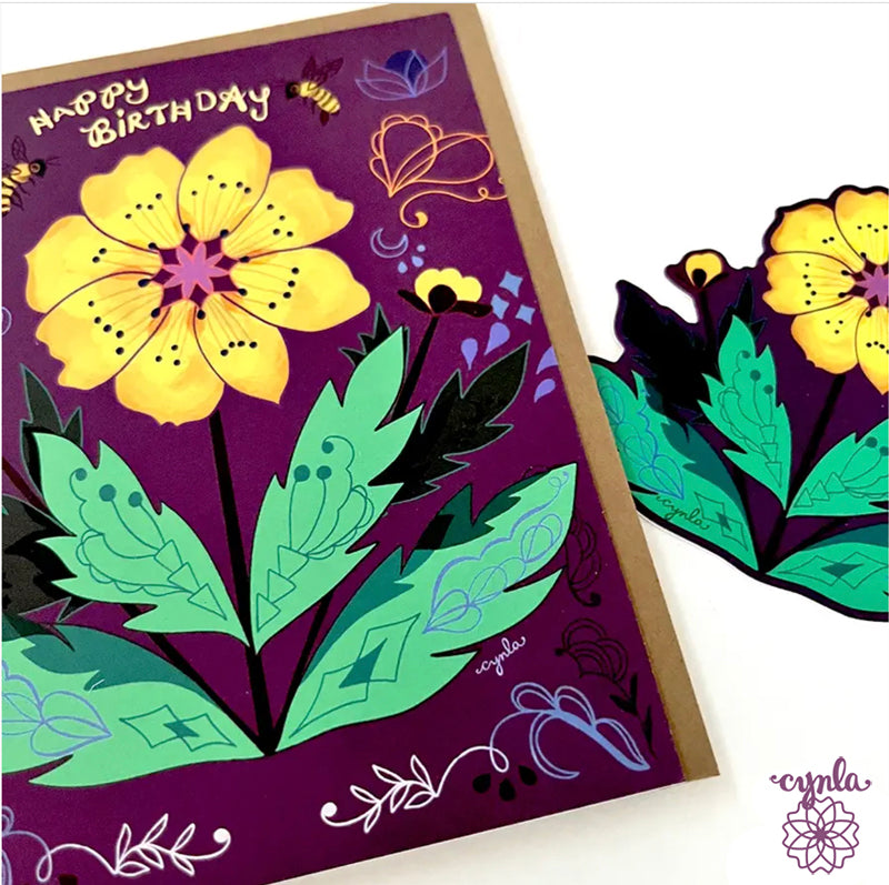 Yellow Flower Birthday Card - pretty floral purple bees